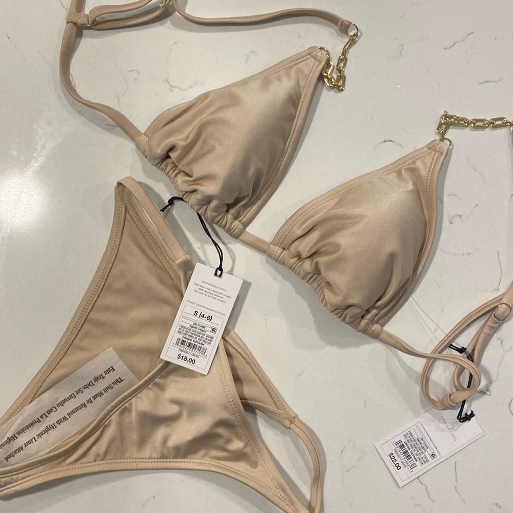 Beige bikini with gold chain accent